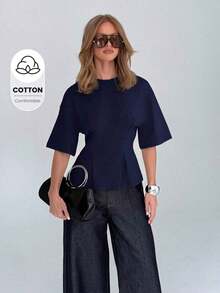 Camiseta de algodón rojo con peplum, de manga corta, cuello redondo, cintura ajustada, casual - Azul - Ver 8