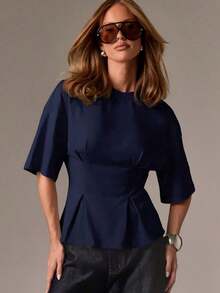 Camiseta de algodón rojo con peplum, de manga corta, cuello redondo, cintura ajustada, casual - Azul - Ver 10