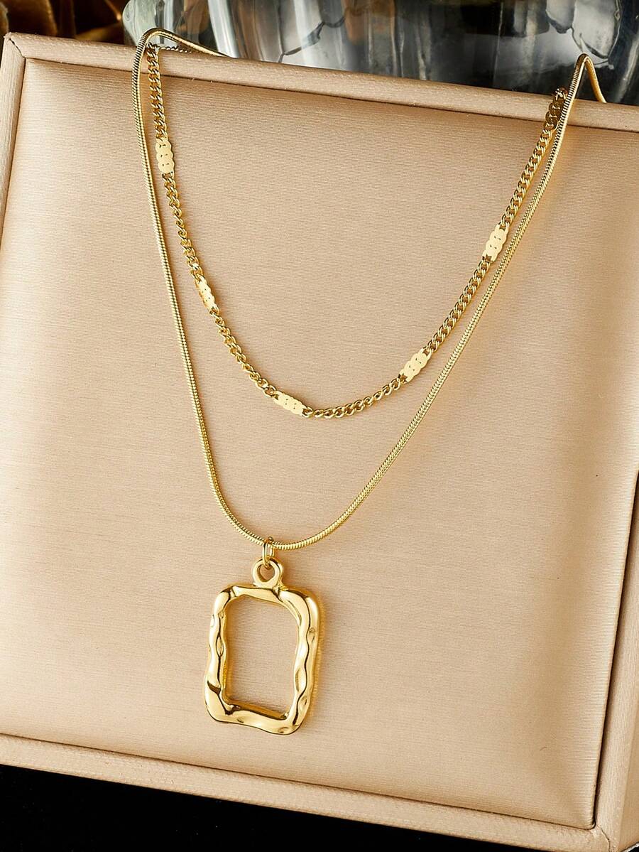 1pc Retro Style Stainless Steel Double Layered Stacked Chain Square Pendant Jewelry Necklace - Gold - View 1