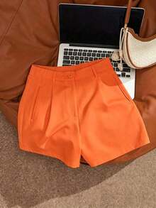 casuales blancos de talle alto y holgados para mujer, shorts anchos estilizadores - Naranja Rojizo - Ver 4