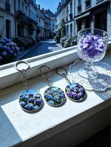 3pcs Hydrangea Printed Keychain, Minimalist Fresh Versatile High-Definition Pattern Bag Pendant, Single Gift Box Packaging - View 1