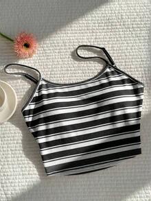 Camiseta de tirantes casual con espalda retorcida y rayas rosas para mujer - Negro 2 - Ver 8