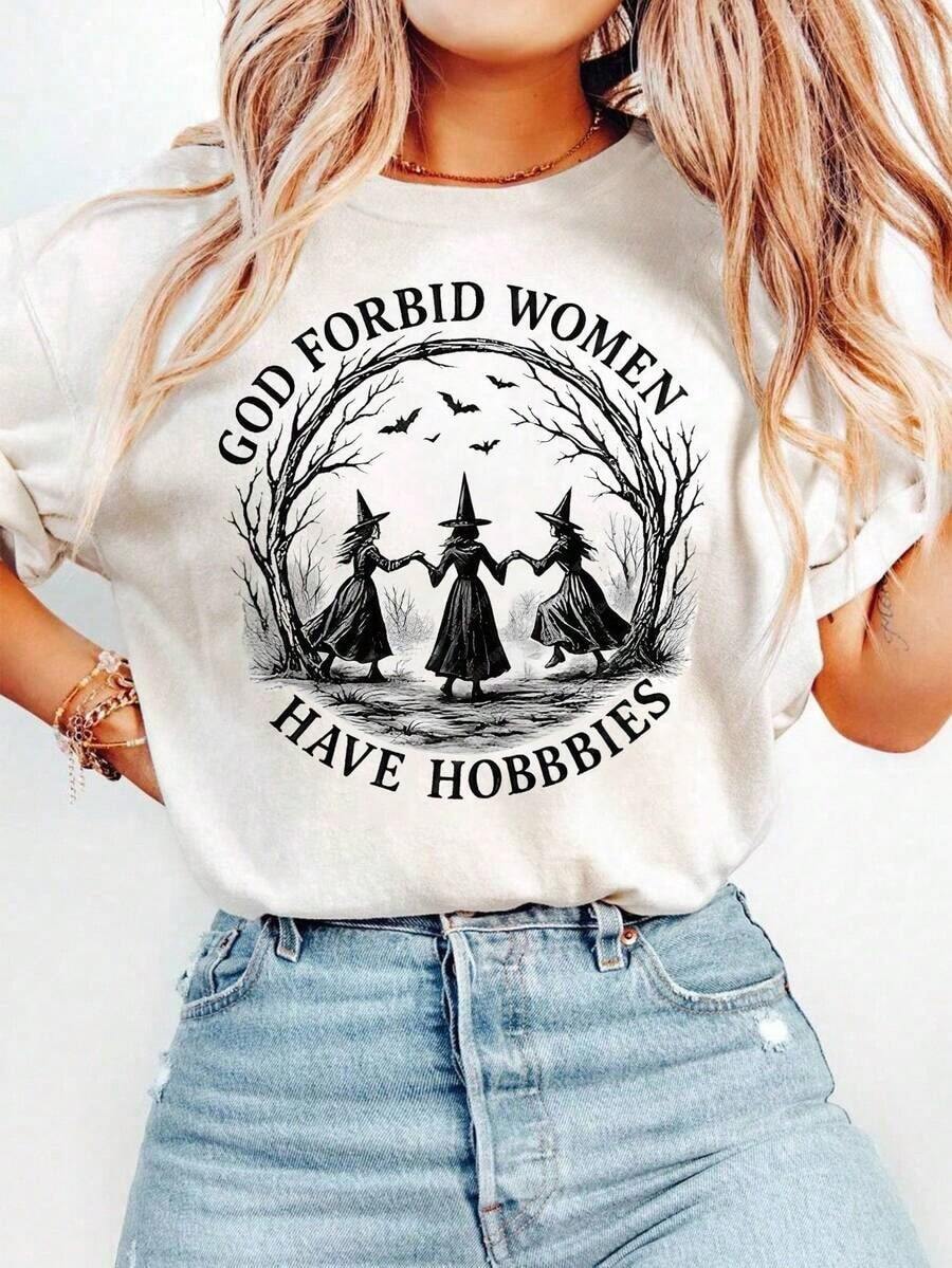Camiseta de manga larga con cuello redondo casual estampada con tipografía de fiesta de bruja de Halloween para mujer - Blanco - Ver 1