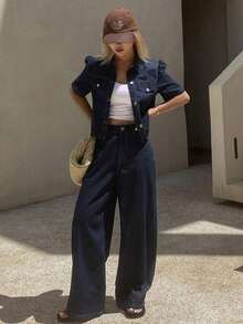 Conjunto de mezclilla holgado y casual para mujer, nuevo para el verano - Azul - Ver 3