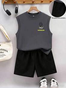 Boys' Dinosaur Print Sleeveless Tank Top And Shorts Set, Casual And Comfortable Summer Outfit - Multicolor - View 3