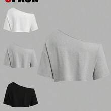 Plus Size 3 PiecesShort Sleeve T-Shirt Set, Black-White-Grey, Summer, Shoulder Cut-Out - Multicolor - Ver 3
