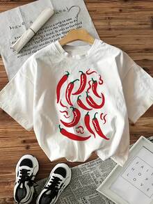 Camiseta de algodón para mujer con estampado de chiles, cuello redondo y manga corta - Top casual holgado para primavera/verano, lavable a máquina, diseño moderno con estampado de frutas y verduras, estilo cómodo, camiseta para mujer, blusa casual para damas, tops para mujer. - Blanco - Ver 7