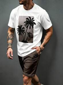 Men's Palm Tree Print Short Sleeve Shorts Set - Multicolor - View 2