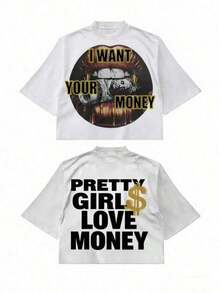 Camisetas Premium Casuales Unisex Lindas, Camiseta Estilo Hip-Hop "I Want Your Money", 100% Algodón, Impresión a Doble Cara, Adecuada para Hombres y Mujeres, El Mejor Regalo para el Verano, Camiseta de Manga Corta Casual - Camisetas Premium de Algodón con Estampado Gráfico y Cuello Redondo - Camiseta Unisex de Corte Holgado, Cómoda, Estilo Vintage Urbano. - Blanco - Ver 1