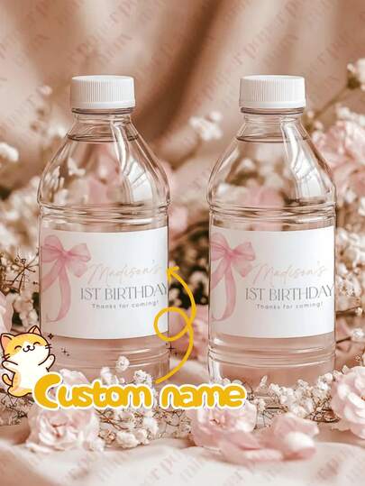 Nhãn dán bình nước hình nơ hồng tùy chỉnh, Nhãn dán bình nước sinh nhật lần thứ nhất hình nơ hồng, Trang trí tiệc mừng em bé, Trang trí tiệc sinh nhật, Nhãn dán bình nước sinh nhật, Thẻ sinh nhật bé gái hình nơ hồng, Phong cách dễ thương