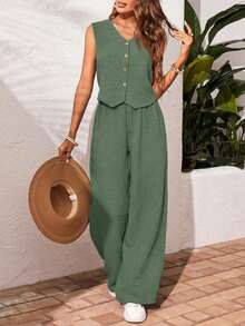 Frenchy Set de 2 piezas para mujer de top sin mangas y pantalones de estilo casual con un solo botón, para verano - Verde Oliva - Ver 3