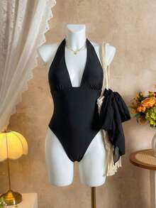 Traje de baño de dos piezas con estampado de lunares, escote asimétrico y espalda descubierta, atuendo de vacaciones en la playa para el verano - Color negro sólido - Ver 4
