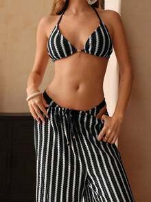 Swim Chiccia Conjunto de bikini a rayas sexy para mujer con pantalones, nueva llegada de trajes de baño para mujer 2026, adecuado para la escuela, vacaciones, citas, té de la tarde, estilo occidental, cruceros, playa, isla, viajes por carretera, todas las estaciones, festivales de música, vacaciones bohemias, vacaciones bohemias, otoño relajado, estilo occidental bohemio, blusas elegantes para mujer - Multicolor 13 - Ver 5