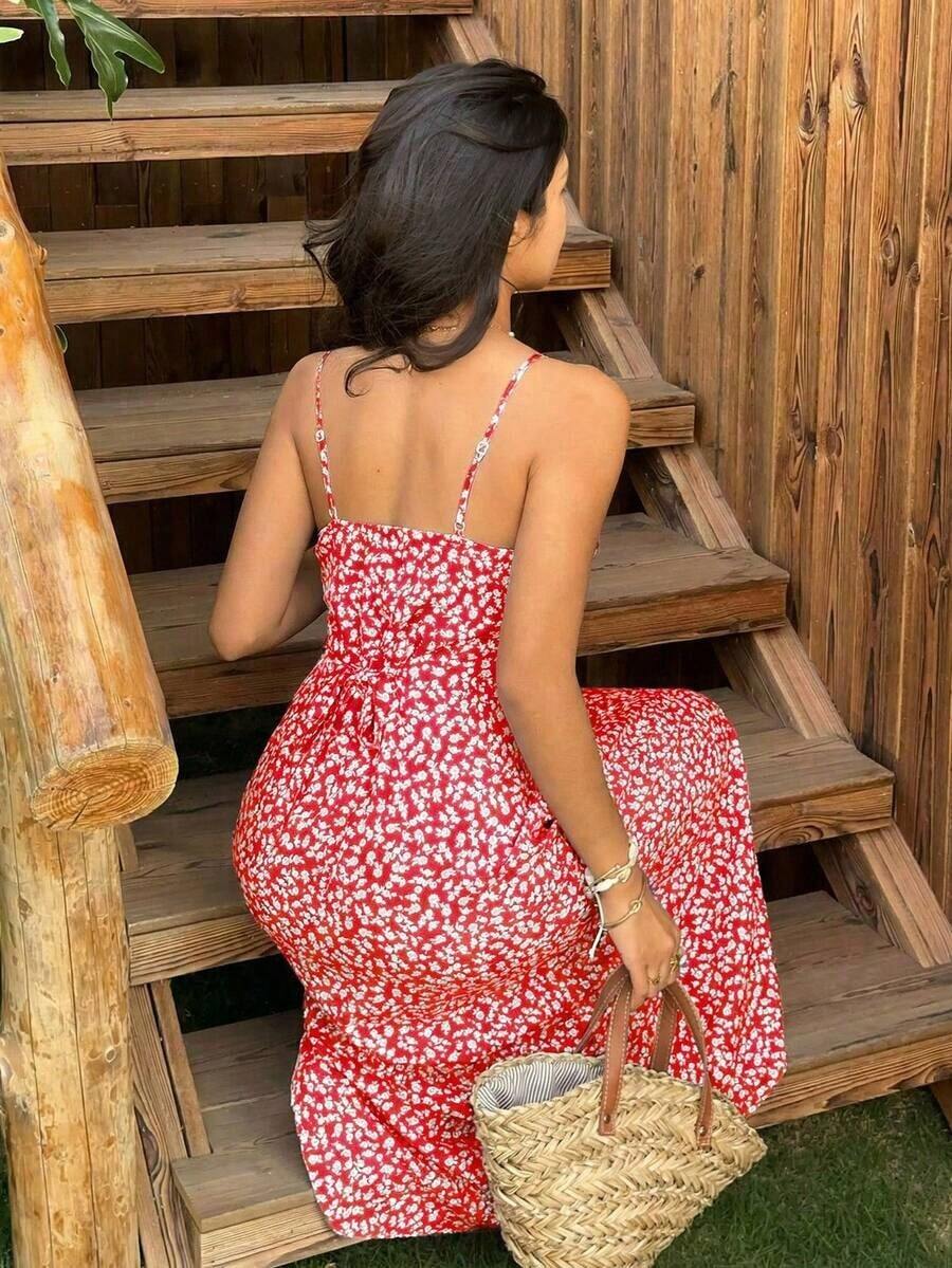Vestido de playa con tirantes finos y estampado floral ditsy negro para mujeres - Rojo - Ver 1