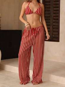 Swim Chiccia Conjunto de bikini a rayas sexy para mujer con pantalones, nueva llegada de trajes de baño para mujer 2026, adecuado para la escuela, vacaciones, citas, té de la tarde, estilo occidental, cruceros, playa, isla, viajes por carretera, todas las estaciones, festivales de música, vacaciones bohemias, vacaciones bohemias, otoño relajado, estilo occidental bohemio, blusas elegantes para mujer - Rojo - Ver 9