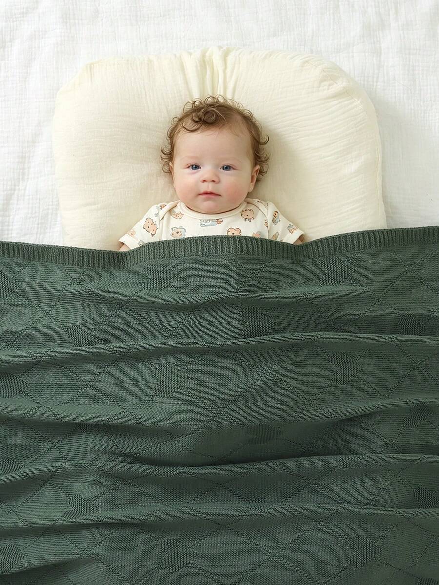 Rhombus Heart Knitted Baby Blanket, 100% Cotton All Season, Newborn Swaddle Stroller Cover Quilt, Infant Nursery Supplies - Dark Green - View 1