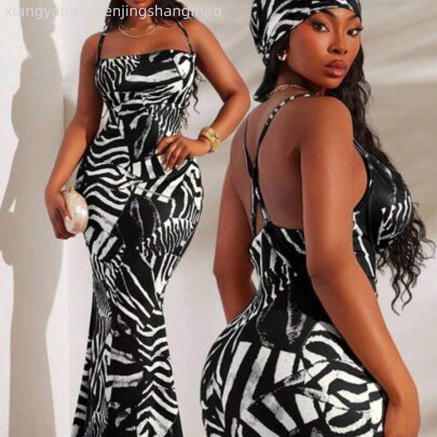 Floral Print Bodycon Slip Dress With Matching Scarf (Plus Size) Leopard Print Maxi Dress All-Over Print Maxi Dress Long Dress Date Night Dress Vacation Dress Sexy Dress, Suitable For Night, Date, Party, Ball, Club, Cocktail, Evening, Banquet, Concert, Island Resort, Beach, Holiday - Negro - Ver 1
