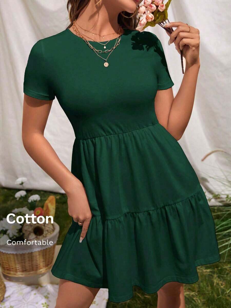 Vestido de punto de manga corta casual con cuello redondo y dobladillo con volantes de unicolor - Verde - Ver 1