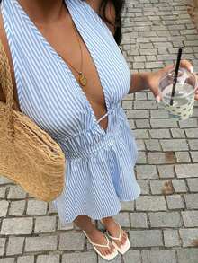 - Mono Sexy Azul a Rayas con Escote en V Profundo, Espalda Descubierta y Estilo Halter, Moda Europea y Americana, Elegante para Vacaciones - Azul - Ver 5