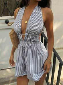 - Mono Sexy Azul a Rayas con Escote en V Profundo, Espalda Descubierta y Estilo Halter, Moda Europea y Americana, Elegante para Vacaciones - Gris Oscuro - Ver 5