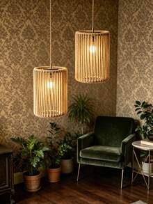 1 chao đèn hình trụ đan bằng mây, đèn treo thủ công phong cách Boho, thích hợp cho phòng ăn/bếp/phòng ngủ/phòng khách, không kèm nguồn điện. - Hình bán nguyệt - Xem 2