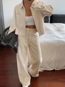 Conjunto de top corto holgado de cuello polo de algodón y pantalones vaqueros casuales para mujer - Caqui - Ver 3