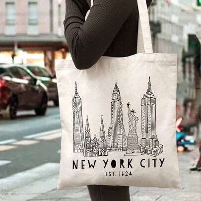1 Canvas Bag With The Silhouette Of The New York City, Iconic Monument Illustration Design, Perfect For Travel And Shopping, Stylish And Durable, A Great Gift For City Lovers, Reusable Shopping Bag.