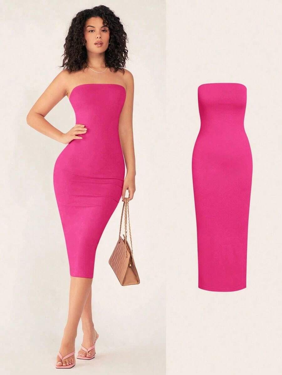 Vestido casual ceñido con escote strapless para cena para mujer - Rosa Fucsia - Ver 1