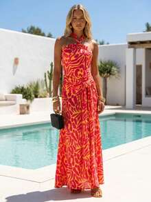 Dancing Leopard Multicolour Bias Cut Halter Neck Printed Maxi Dress, Summer Outfits For Women, Wedding Guest Dress, Holiday Dress, Vacation Dress Women - Multicolor - View 1