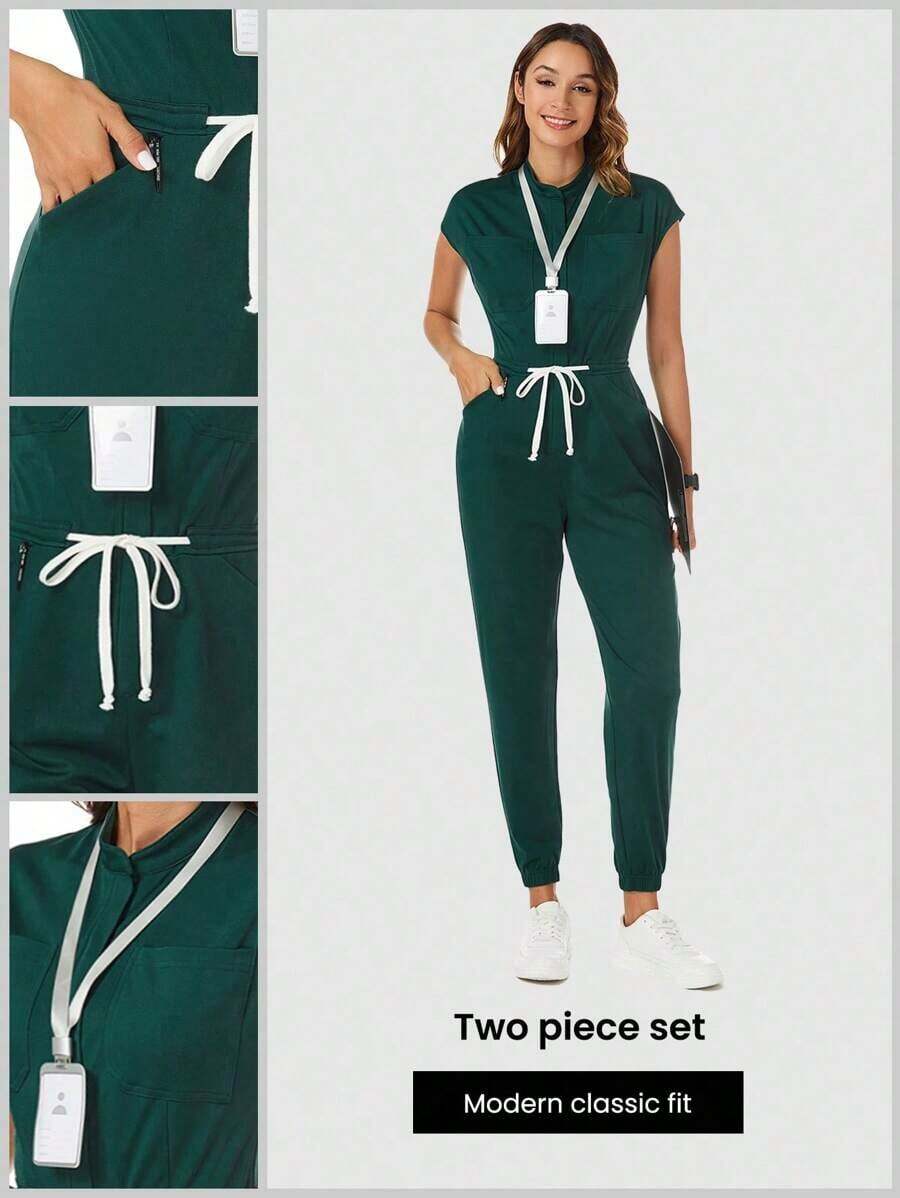Mono de pijama verde fluorescente con bolsillos - Verde Oscuro - Ver 1
