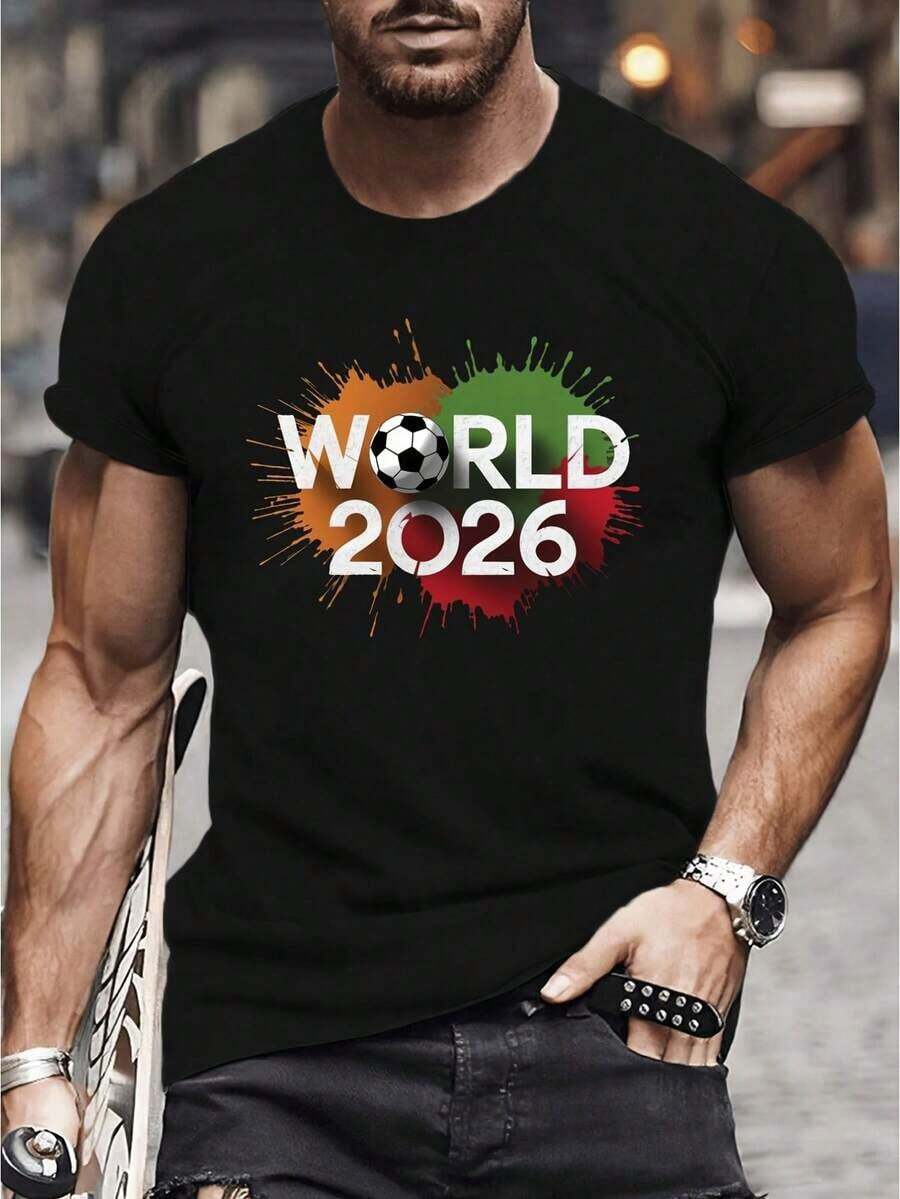 T-Shirt With 2026 Design - Regular Fit Short Sleeve T-Shirt, Suitable For The 2026 World Cup, National League - Football Fan Apparel, Casual Fan Wear, Street And Outdoor T-Shirt, Suitable For Festivals, Parties And Casual Wear - Suitable For All Seasons. - 黑色 - 查看 1