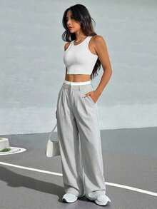 Pantalones anchos de mujer con pliegues y rayas, con cintura de bloques de color para otoño/invierno - Gris 2 - Ver 4