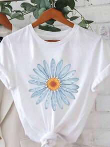 Soft 100% Cotton T-Shirt. 100% Pure Cotton Summer T-Shirt With Print And Sleeves. Women's Crew Neck T-Shirt With A  Letter Print And Simple Design, Comfortable Texture, Suitable For Casual Everyday Wear, And A Natural And Elegant Style-A Must-Have For Summer Parties. Local Payment. Machine Washable. A Great Gift For Family, Siblings, Friends, Parents, Or Teachers. Breathable Cotton T-Shirt, Goes With Everything. - 白色 - 查看 1