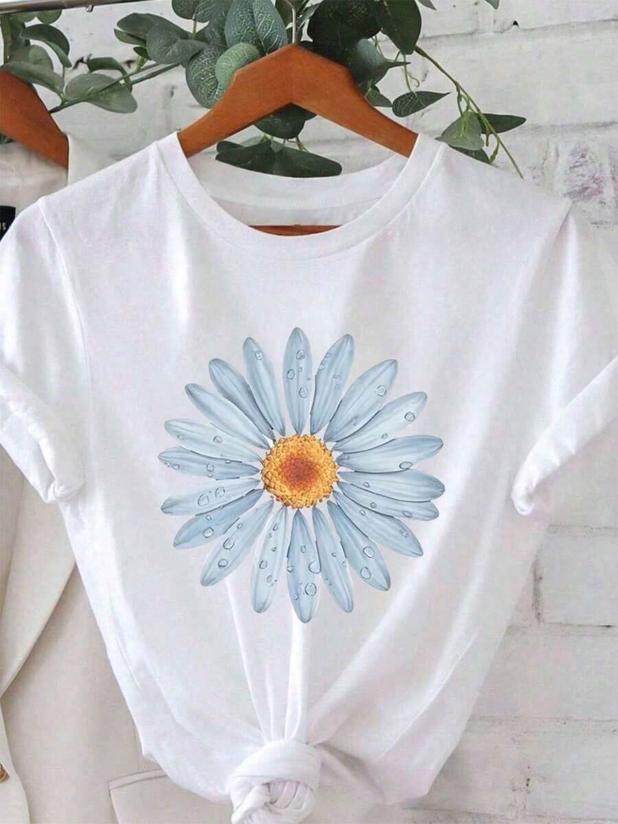 Soft 100% Cotton T-Shirt. 100% Pure Cotton Summer T-Shirt With Print And Sleeves. Women's Crew Neck T-Shirt With A Letter Print And Simple Design, Comfortable Texture, Suitable For Casual Everyday Wear, And A Natural And Elegant Style-A Must-Have For Summer Parties. Local Payment. Machine Washable. A Great Gift For Family, Siblings, Friends, Parents, Or Teachers. Breathable Cotton T-Shirt, Goes With Everything. - 白色 - 查看 1