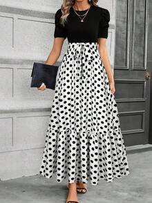 Vestido elegante de línea A con mangas abullonadas, decoración de lazo, diseño de bloques de color, cuello redondo, lavable a máquina, vestido casual para primavera/verano, adecuado para ir al trabajo, fiestas, playa, ocasiones de alta gama y vacaciones, color negro - Blanco y Negro - Ver 1