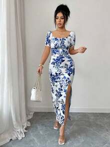 Vestido floral de cuello cuadrado, mangas de pétalo, cintura ceñida y ajustado para mujer, primavera/verano - Azul y blanco - Ver 4