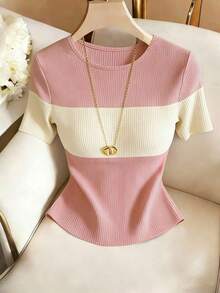 Camiseta de manga corta casual con bloques de color para mujer, verano - Rosa - Ver 5