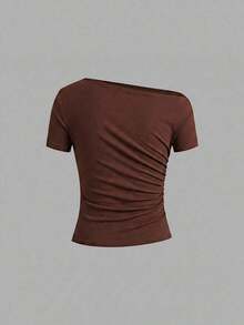 Camiseta de moda de manga corta con hombros oblicuos y ajustada de unicolor para mujer, verano - Multicolor 3 - Ver 9