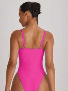 Resort Traje de baño con cuello recto, tirantes y corte alto en la pierna, tipo cheeky.Traje de baño básico unicolor para vacaciones, verano y viajes a la playa. - Rosa Fucsia - Ver 4