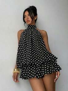 Vestido mini elegante de mujer con estampado de lunares y escote halter sin espalda - Negro - Ver 4