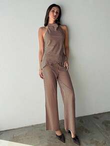 Conjunto de top halter y pantalones de color café claro, estilo sencillo para ir al trabajo - Café integral 2 - Ver 7