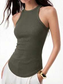 Camiseta sin espalda gris oscuro acanalada con bajo curvo, camiseta sin espalda de uso diario casual, camiseta ajustada para mujer en gris oscuro - Verde Oliva - Ver 1