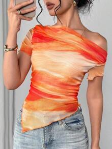 Camiseta de mujer de manga corta con hombro asimétrico y estampado de teñido anudado - Naranja - Ver 6