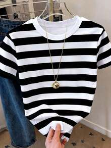 Camiseta de mujer de manga corta con cuello redondo, casual y versátil, a rayas - Multicolor 8 - Ver 3