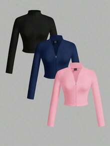 Set de 3 camisetas de manga larga con cuello en V, cremallera y ajuste ceñido, de estilo casual para otoño/invierno para mujer, en colores blanco + negro + gris - Rosa - Ver 10