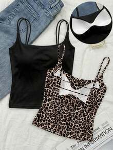 Paquete de 2 tops de camiseta acanalada con sujetador acolchado incorporado - Rosa y Negro/Lunares blancos, tops versátiles casuales para verano y uso en todas las estaciones, estilos suaves y limpios para chica, perfectos para el hogar, la escuela - Negro 3 - Ver 1