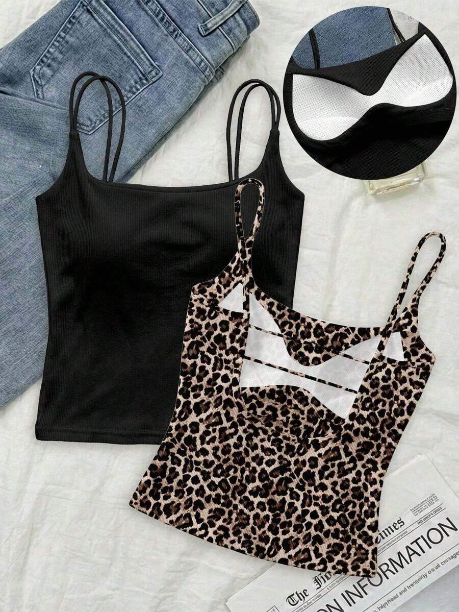 Paquete de 2 tops de camiseta acanalada con sujetador acolchado incorporado - Rosa y Negro/Lunares blancos, tops versátiles casuales para verano y uso en todas las estaciones, estilos suaves y limpios para chica, perfectos para el hogar, la escuela - Negro 3 - Ver 1