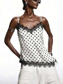 2026 Nueva Blusa Minimalista de Primavera Verde Oliva de Encaje y Satén Brillante, Elegante Camisola con Ribete de Encaje Adecuada para Primavera/Verano; Elegante Camisa Adecuada para Fiesta, Primavera, Navidad, Año Nuevo; Elegante Camisola de Satén - Multicolor - Ver 7