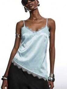 2026 Nueva Blusa Minimalista de Primavera para Mujer de Satén Color Albaricoque con Encaje, Elegante Camisola con Ribete de Encaje, Adecuada para Primavera/Verano; Camisa Elegante, Adecuada para Fiestas, Primavera, Navidad, Año Nuevo, etc.; Elegante - Celeste - Ver 3