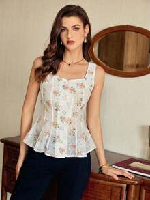 Blusa de mujer vintage, elegante y clásica, con cierre de botones metálicos con forma de flor, blusa sin mangas blanca, para primavera/verano - Naranja - Ver 5